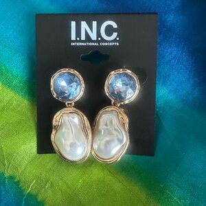 NWT INC baroque faux pearl, gold tone, blue stone Drop Dangle Statement Earrings